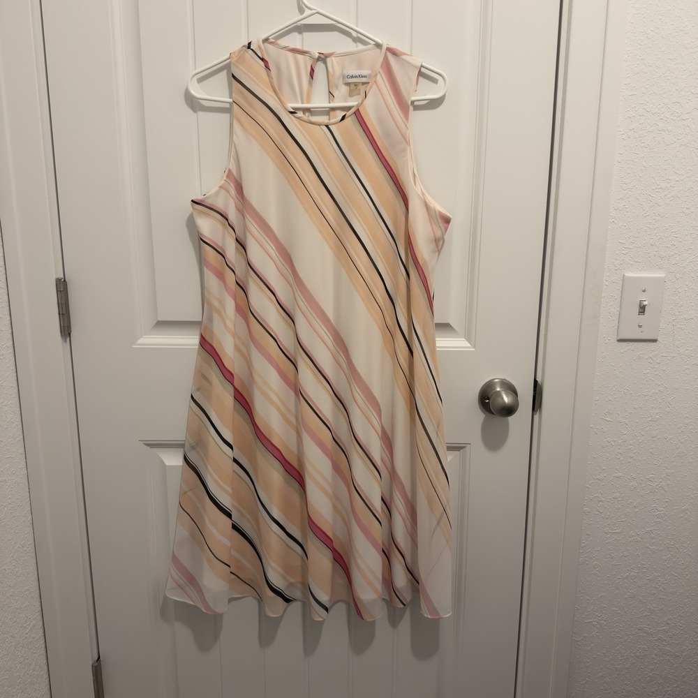 Calvin Klein Women's‎ Sleeveless Swing Dress Pink Stripe Size 14